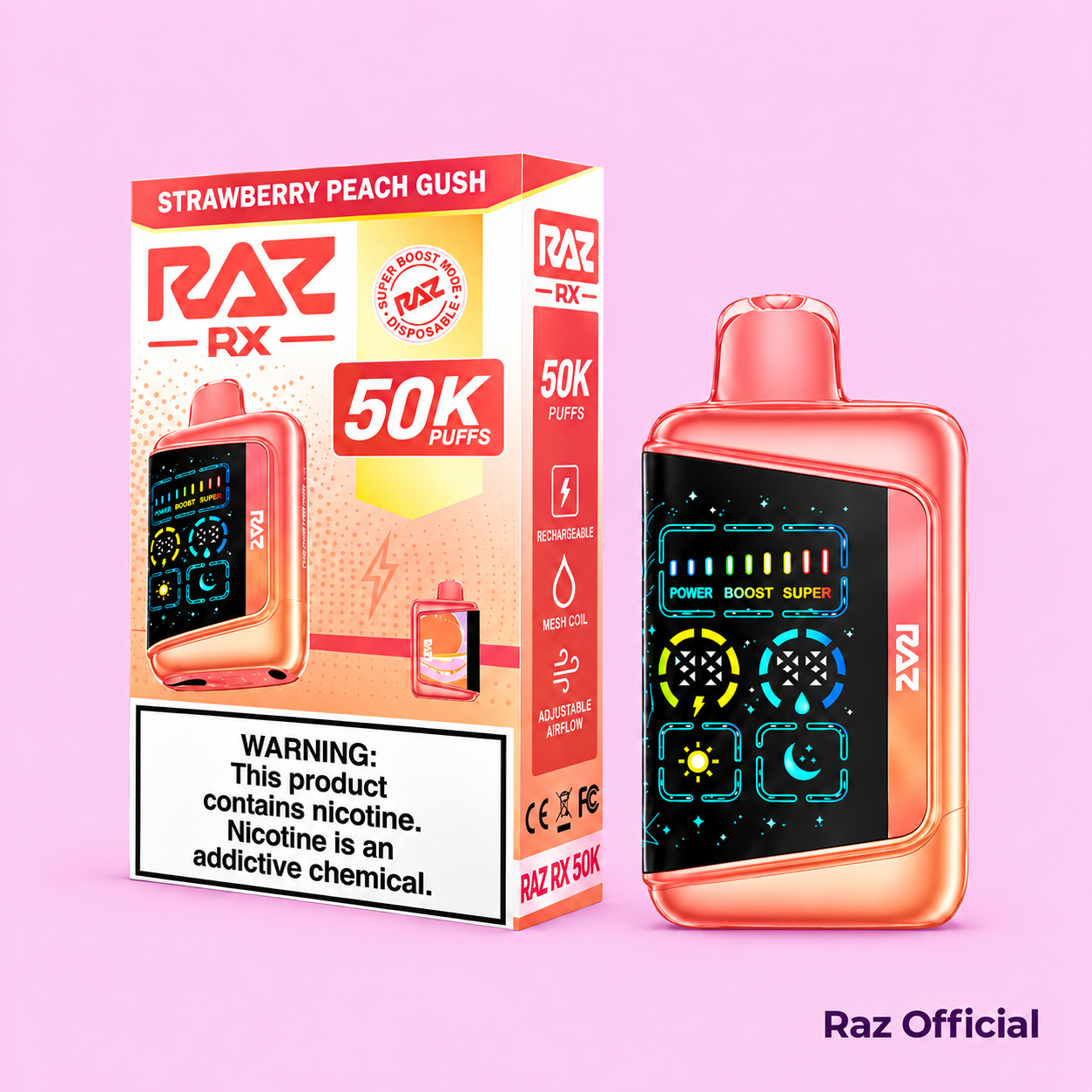 Strawberry Peach Gush Raz Rx 50K Puffs Disposable Vape 1 Strawberry Peach Gush Raz Rx 50K